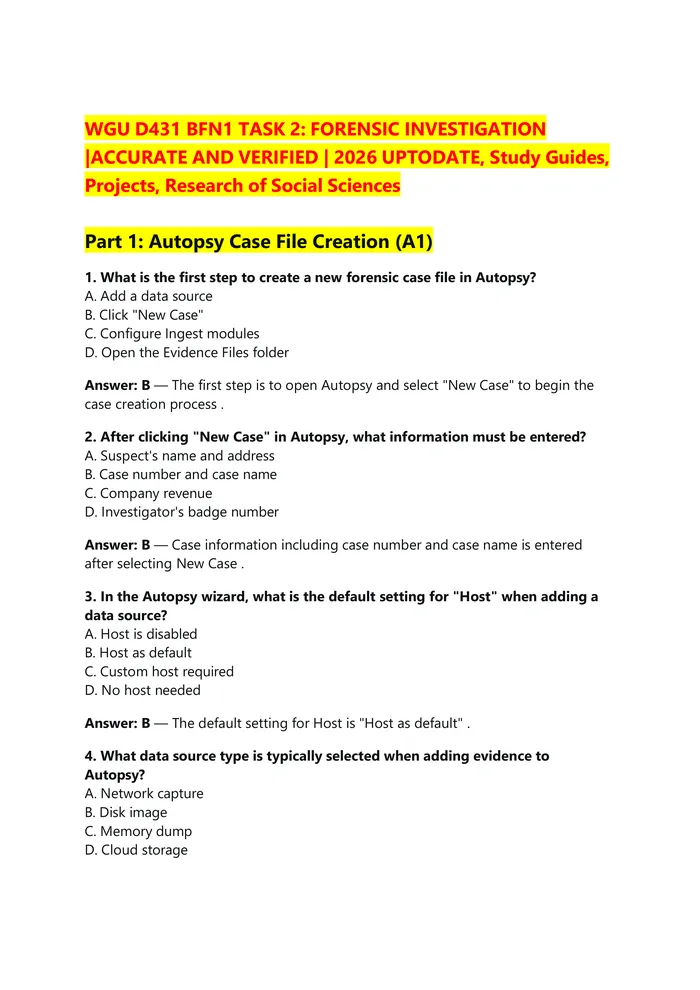 Preview of WGU D431 BFN1 TASK 2: FORENSIC INVESTIGATION |ACCURATE AND VERIFIED | 2026 UPTODATE, Study Guides, Projects, Research of