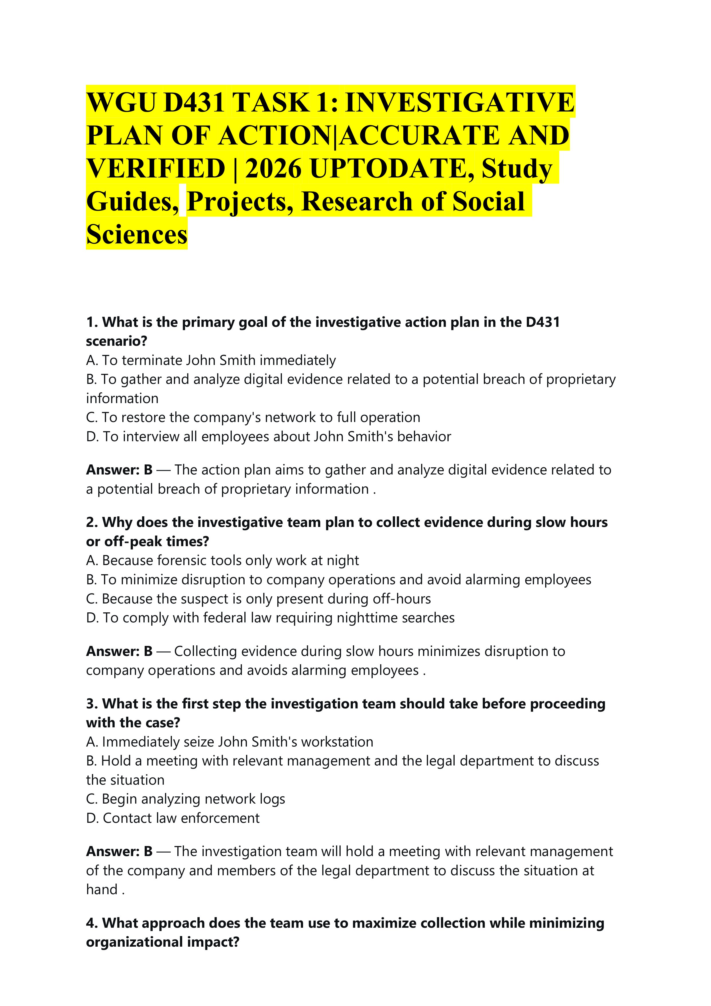 Preview of WGU D431 TASK 1:INVESTIGATIVE PLAN OF ACTION|ACCURATE AND VERIFIED | 2026 UPTODATE, Study Guides, Projects, Research of