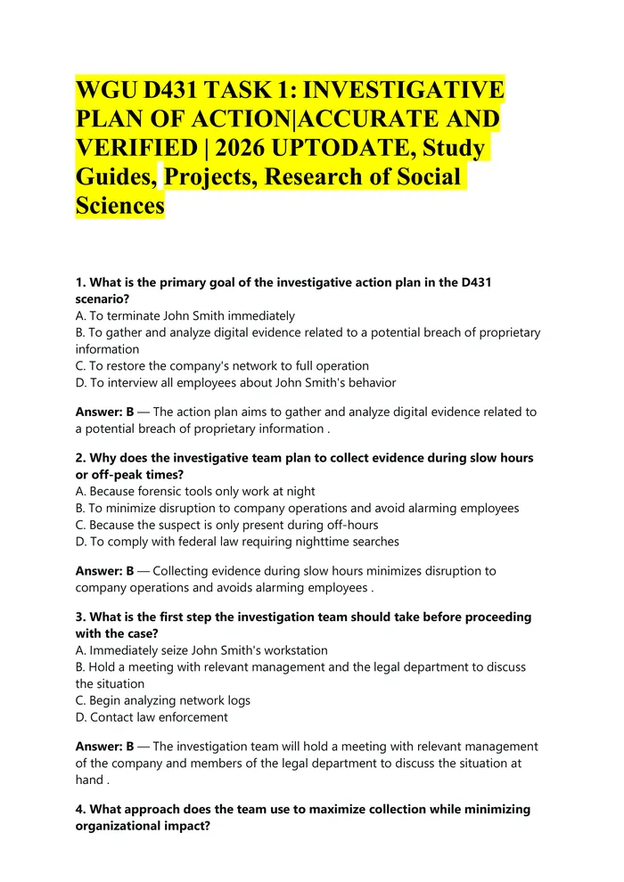 Preview of WGU D431 TASK 1:INVESTIGATIVE PLAN OF ACTION|ACCURATE AND VERIFIED | 2026 UPTODATE, Study Guides, Projects, Research of