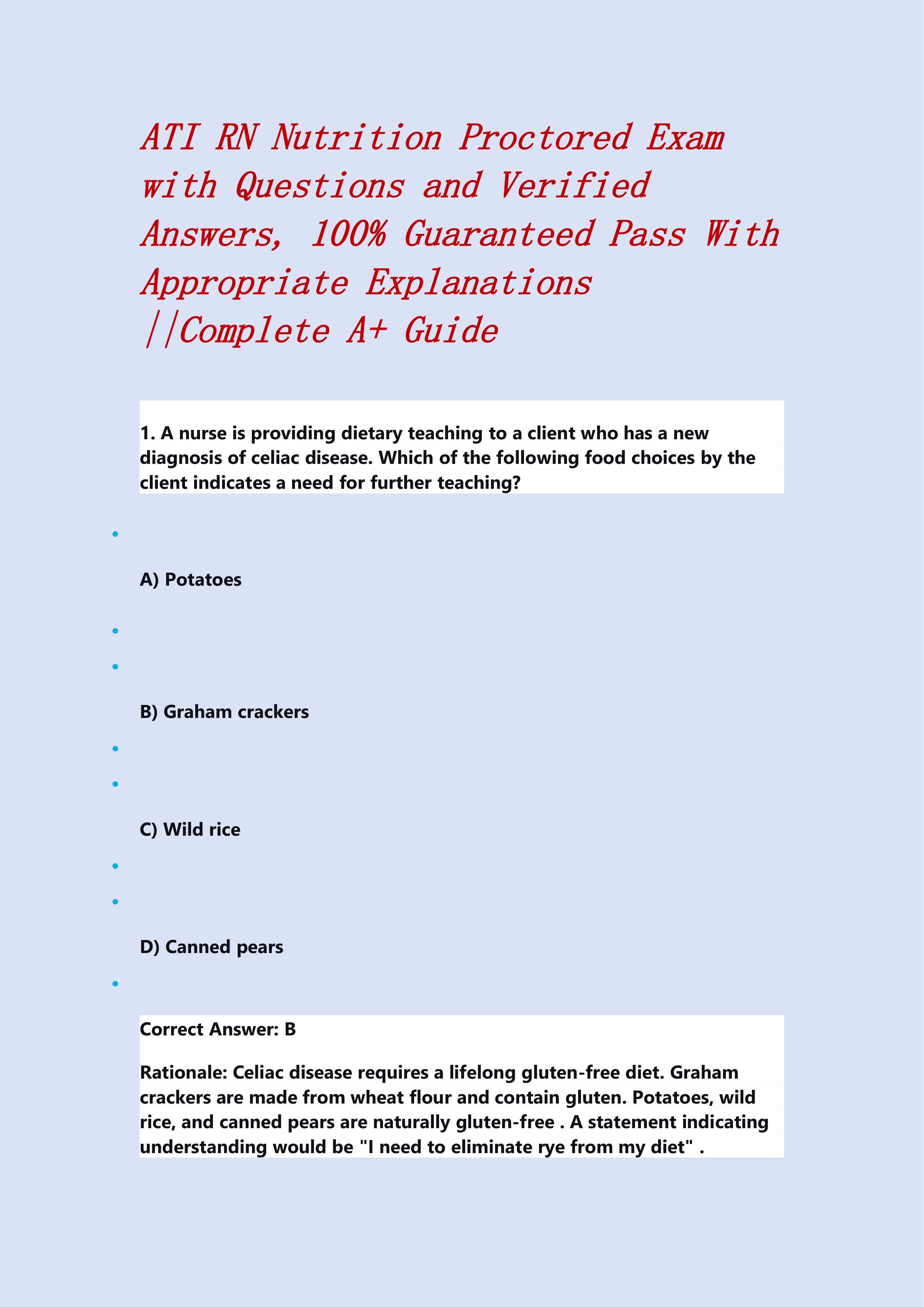 Preview of ATI RN Nutrition Proctored Exam with Questions and Verified Answers, 100% Guaranteed Pass With Appropriate Explanations