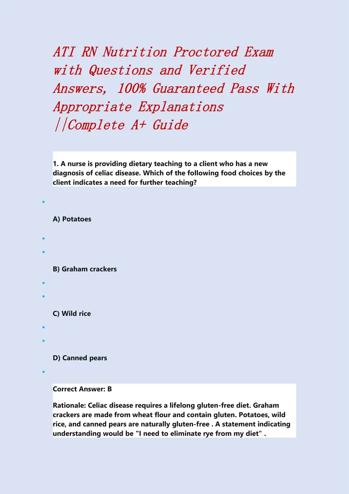 Preview of ATI RN Nutrition Proctored Exam with Questions and Verified Answers, 100% Guaranteed Pass With Appropriate Explanations