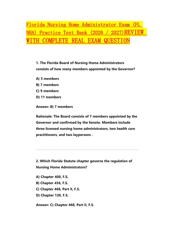 Preview of Florida Nursing Home Administrator Exam (FL NHA) Practice Test Bank (2026 / 2027)REVIEW WITH COMPLETE REAL EXAM QUESTION