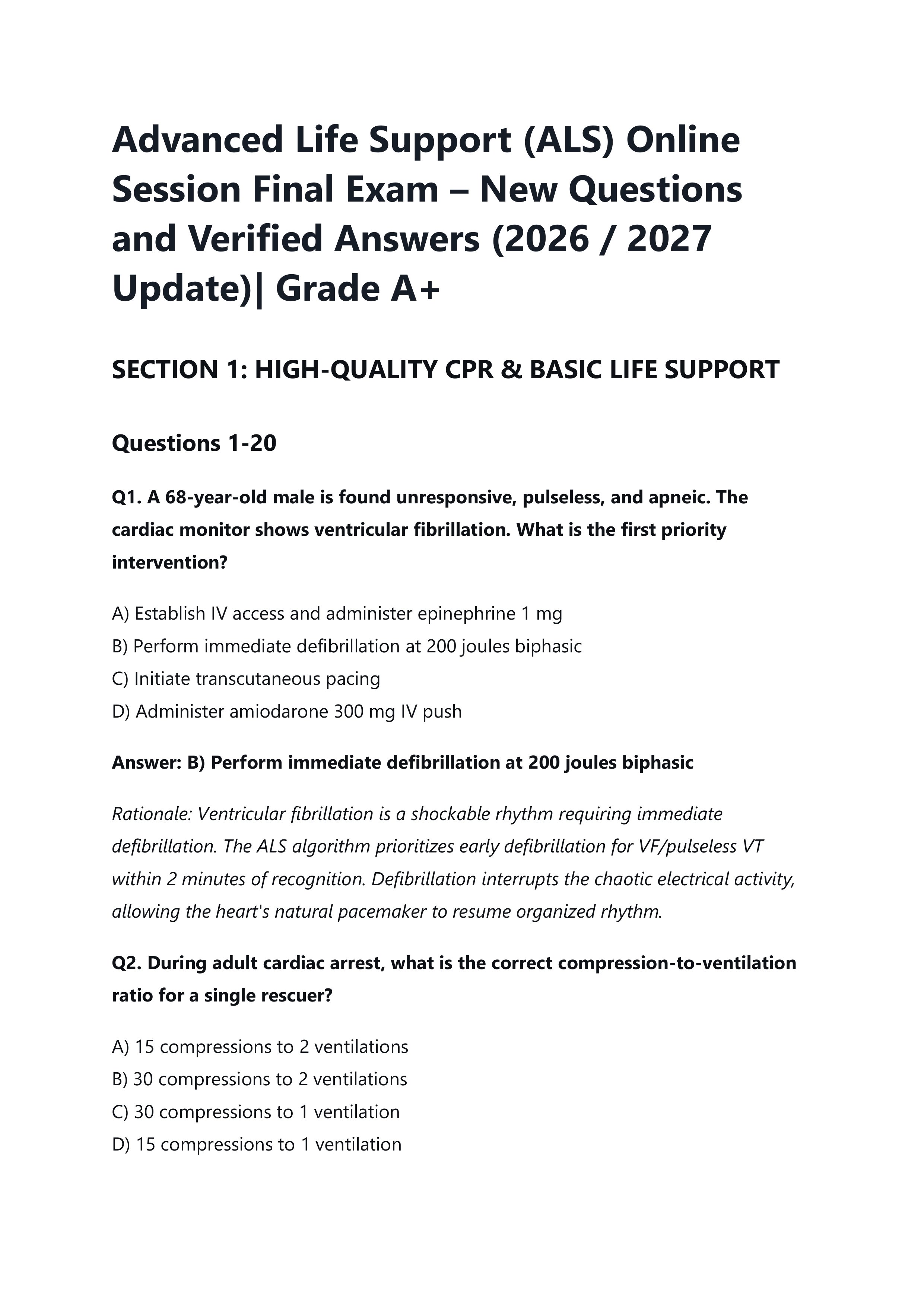 Preview of Advanced Life Support (ALS) Online  Session Final Exam – New Questions  and Verified Answers (2026 / 2027  Update)| Grad
