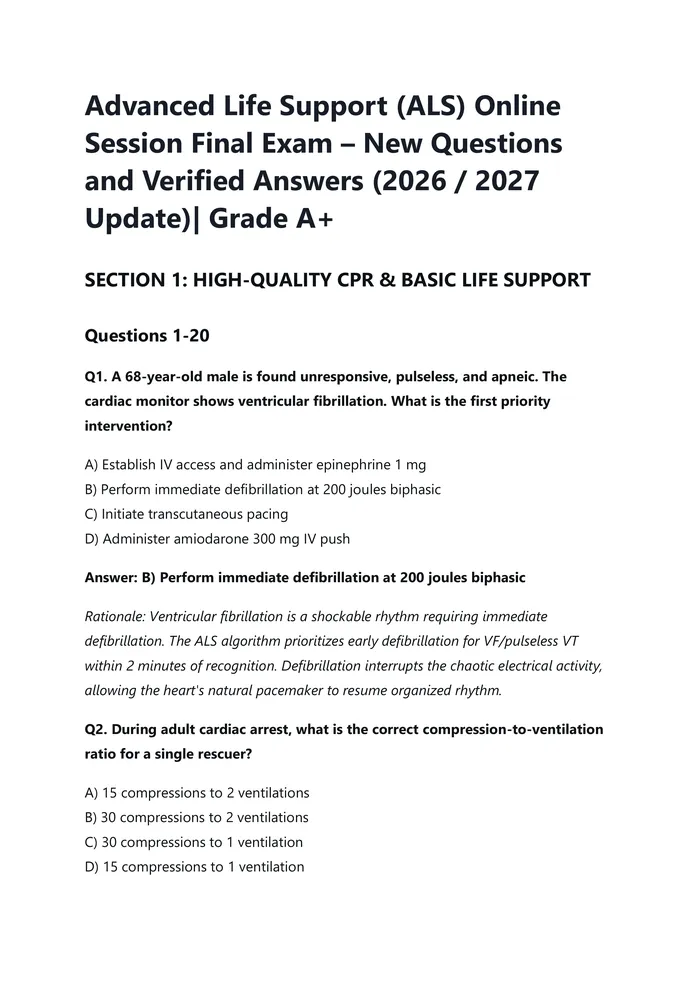 Preview of Advanced Life Support (ALS) Online  Session Final Exam – New Questions  and Verified Answers (2026 / 2027  Update)| Grad