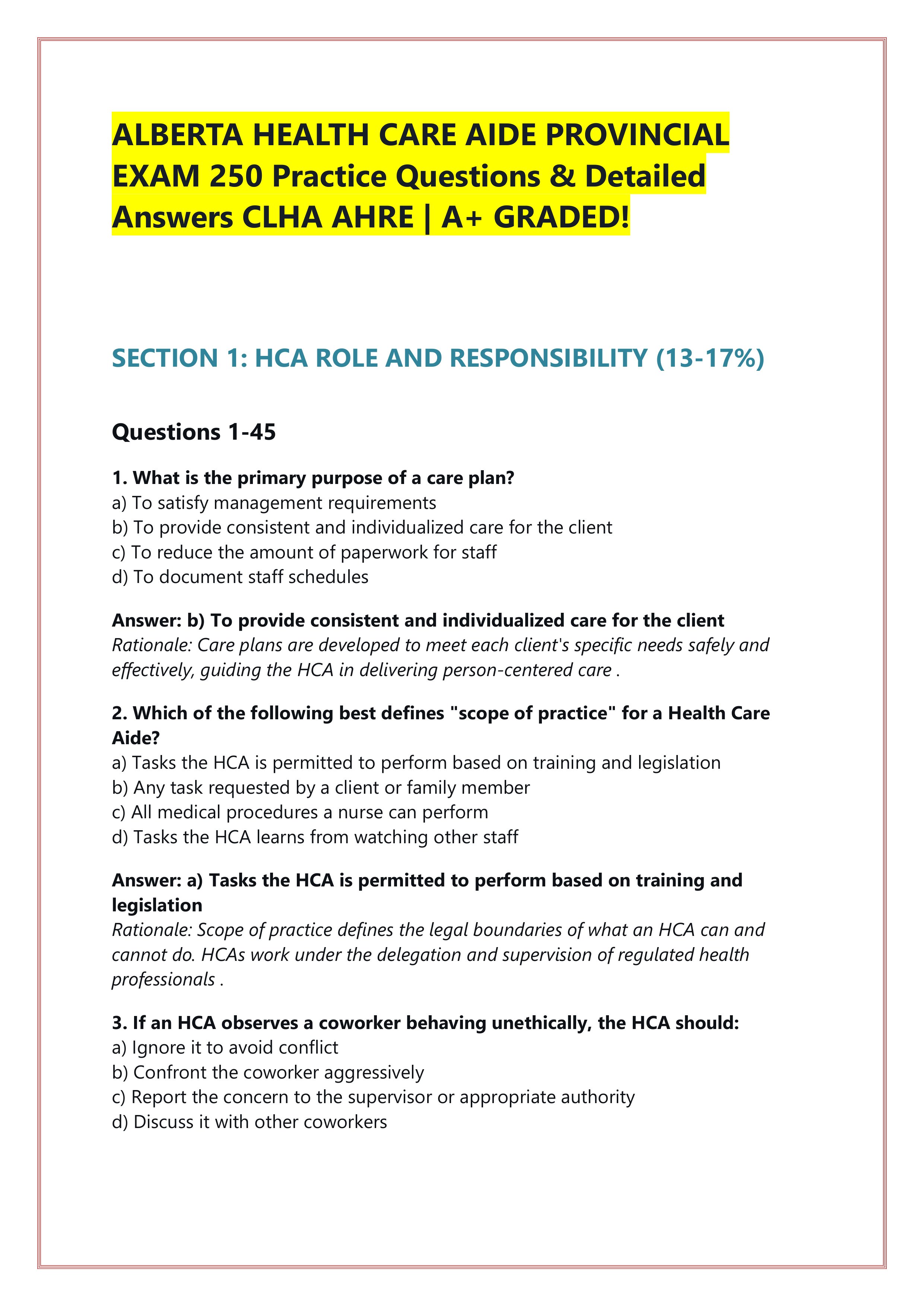 Preview of ALBERTA HEALTH CARE AIDE PROVINCIAL  EXAM 250 Practice Questions & Detailed  Answers CLHA AHRE | A+ GRADED