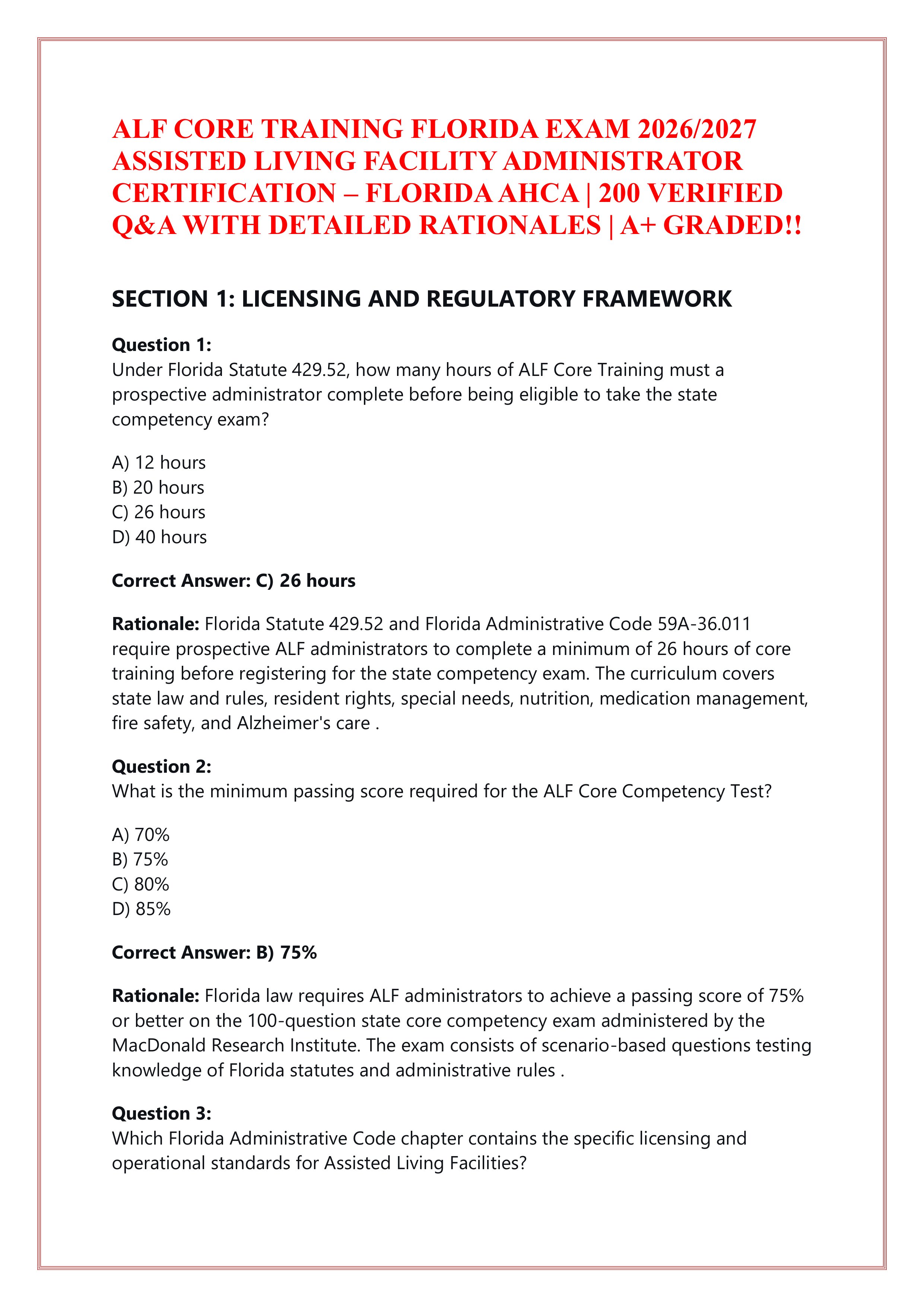 Preview of ALF CORE TRAINING FLORIDA EXAM 2026/2027  ASSISTED LIVING FACILITY ADMINISTRATOR  CERTIFICATION – FLORIDA AHCA | 200 VER