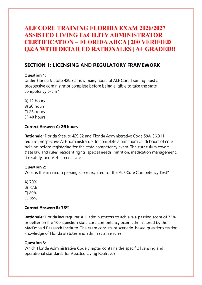 Preview of ALF CORE TRAINING FLORIDA EXAM 2026/2027  ASSISTED LIVING FACILITY ADMINISTRATOR  CERTIFICATION – FLORIDA AHCA | 200 VER