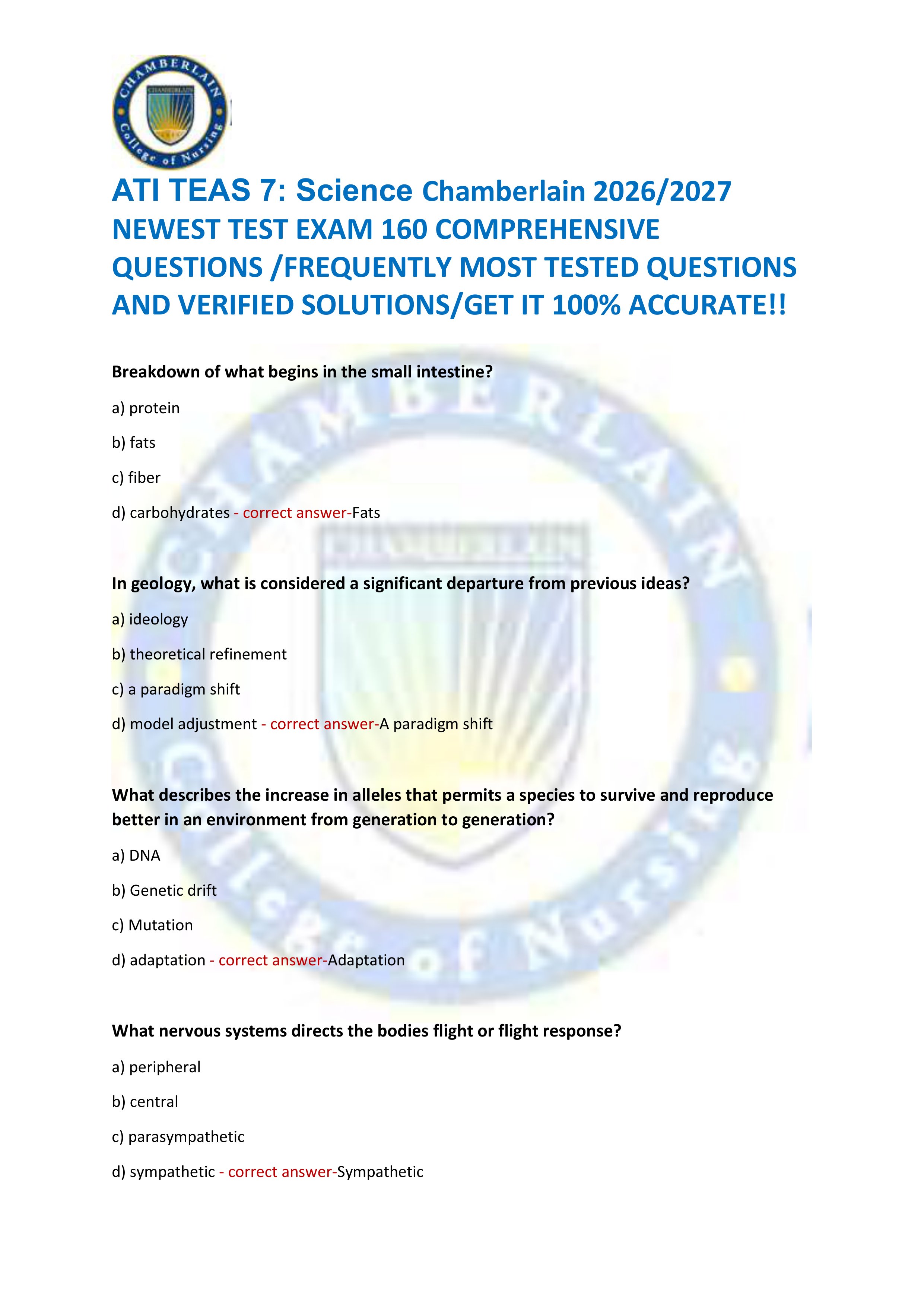 Preview of ATI TEAS 7: Science Chamberlain 2026/2027  NEWEST TEST EXAM 160 COMPREHENSIVE  QUESTIONS /FREQUENTLY MOST TESTED QUESTIO