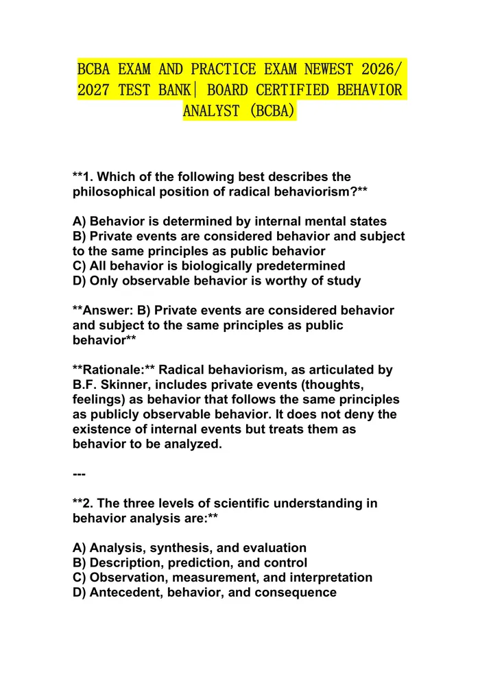 Preview of BCBA EXAM AND PRACTICE EXAM NEWEST 2026/ 2027 TEST BANK| BOARD CERTIFIED BEHAVIOR ANALYST (BCBA)