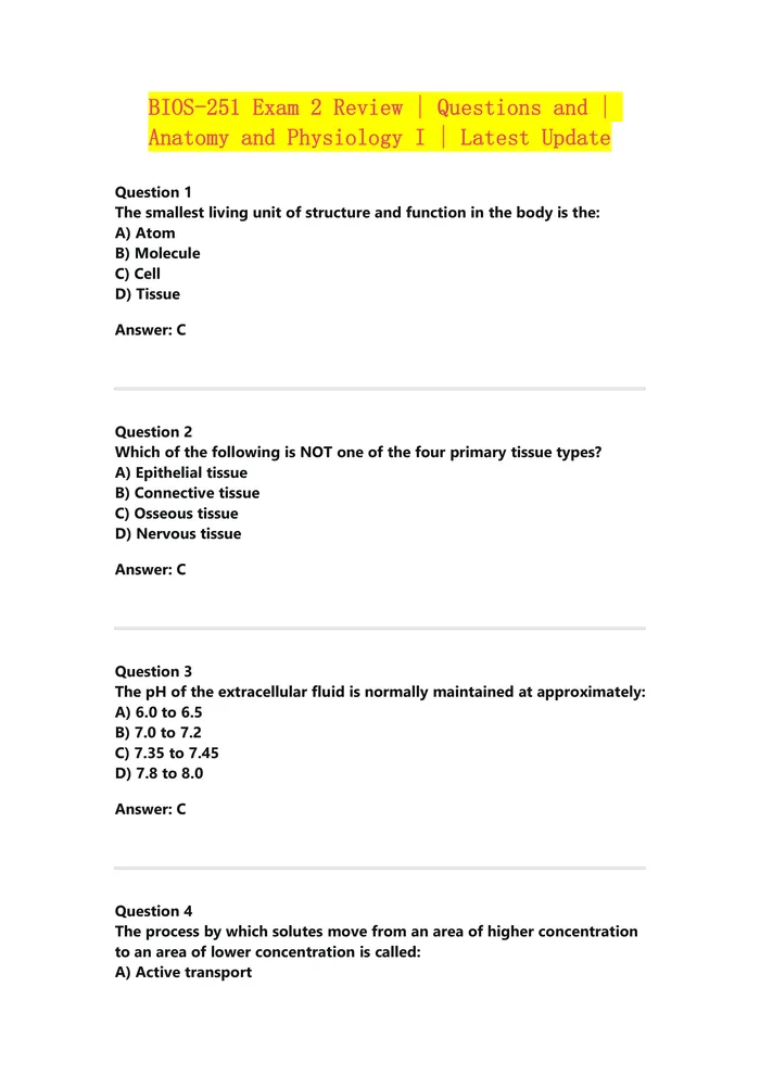 Preview of BIOS-251 Exam 2 Review | Questions and | Anatomy and Physiology I | Latest Update