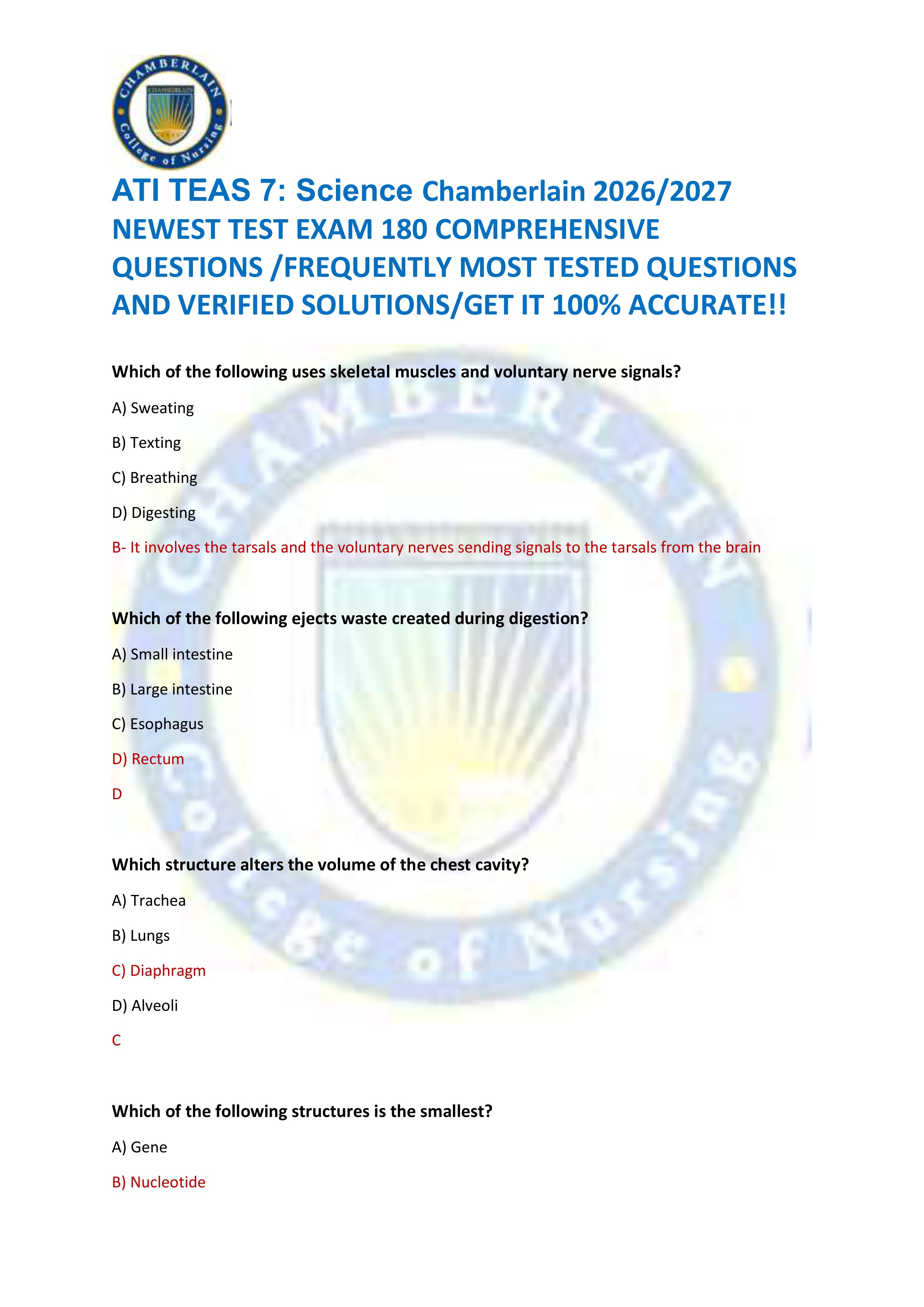 Preview of ATI TEAS 7: Science Chamberlain 2026/2027  NEWEST TEST EXAM 180 COMPREHENSIVE  QUESTIONS /FREQUENTLY MOST TESTED QUESTIO