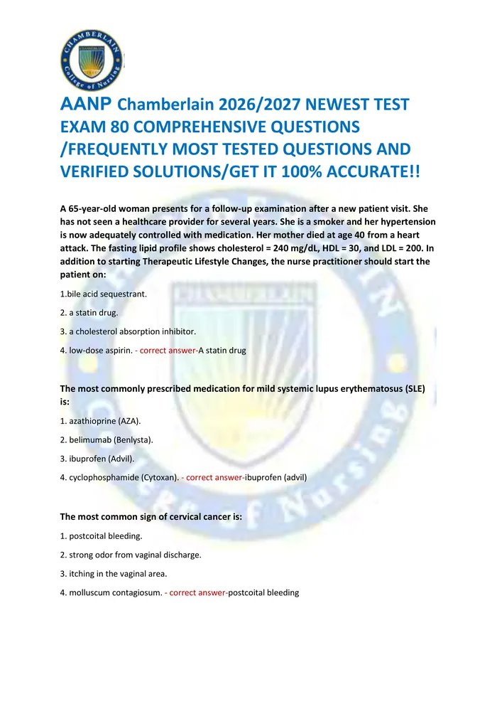 Preview of AANP Chamberlain 2026/2027 NEWEST TEST  EXAM 80 COMPREHENSIVE QUESTIONS  /FREQUENTLY MOST TESTED QUESTIONS AND  VERIFIED