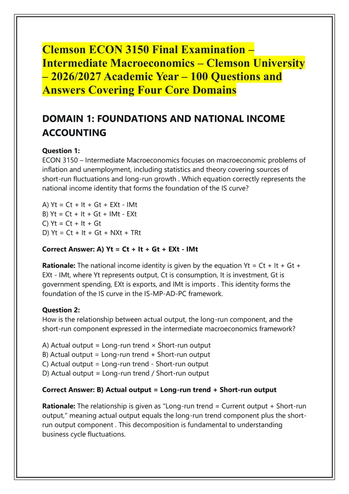 Preview of Clemson ECON 3150 Final Examination – Intermediate Macroeconomics – Clemson University  – 2026/2027 Academic Year – 100