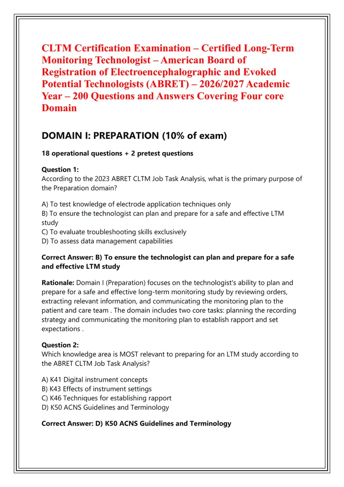 Preview of CLTM Certification Examination – Certified Long-Term  Monitoring Technologist – American Board of  Registration of Elect