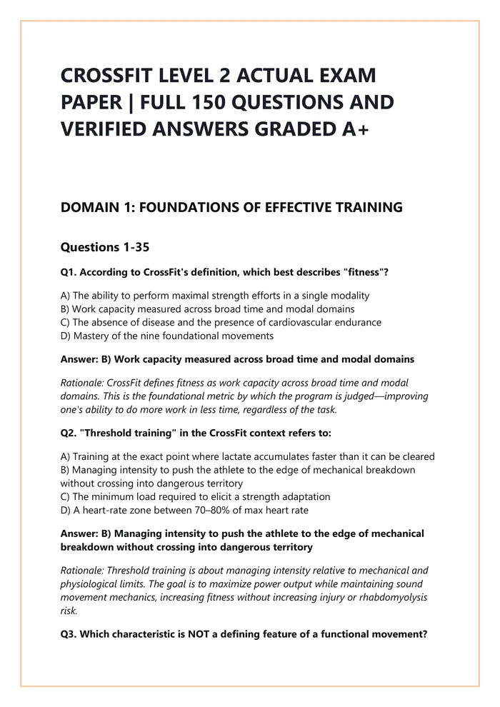 Preview of CROSSFIT LEVEL 2 ACTUAL EXAM  PAPER | FULL 150 QUESTIONS AND  VERIFIED ANSWERS GRADED A+