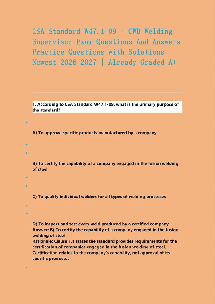 Preview of CSA Standard W47.1-09 - CWB Welding Supervisor Exam Questions And Answers Practice Questions with Solutions Newest 2026