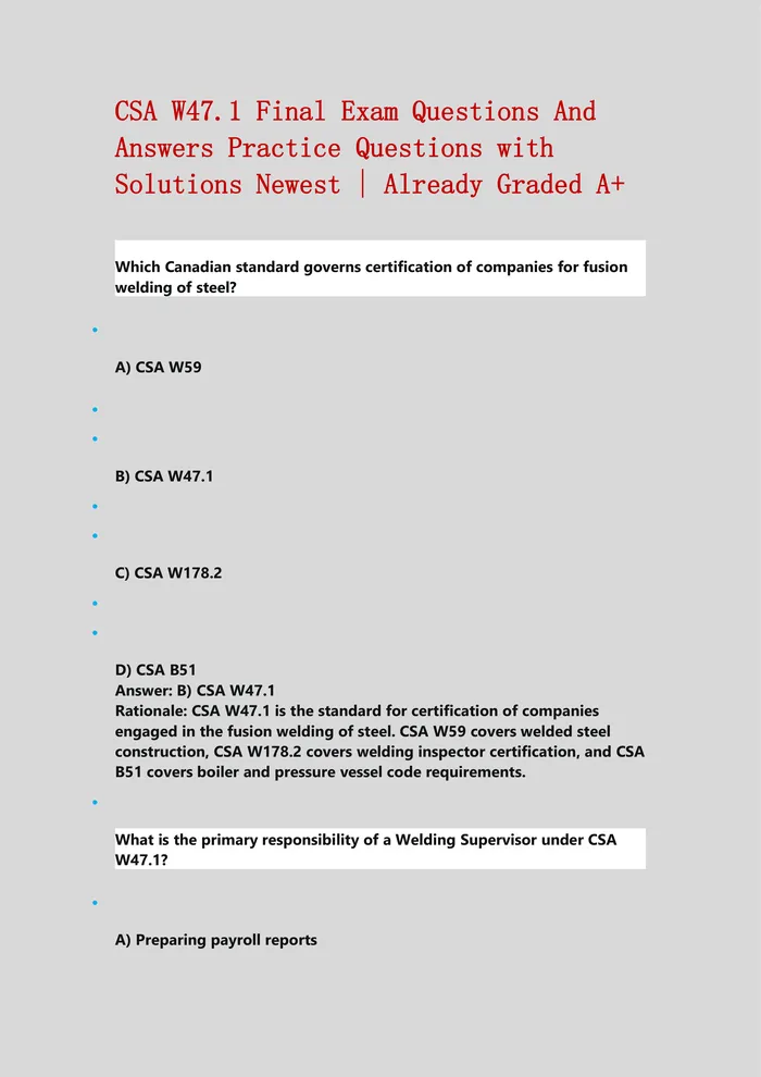 Preview of CSA W47.1 Final Exam Questions And Answers Practice Questions with Solutions Newest | Already Graded A+