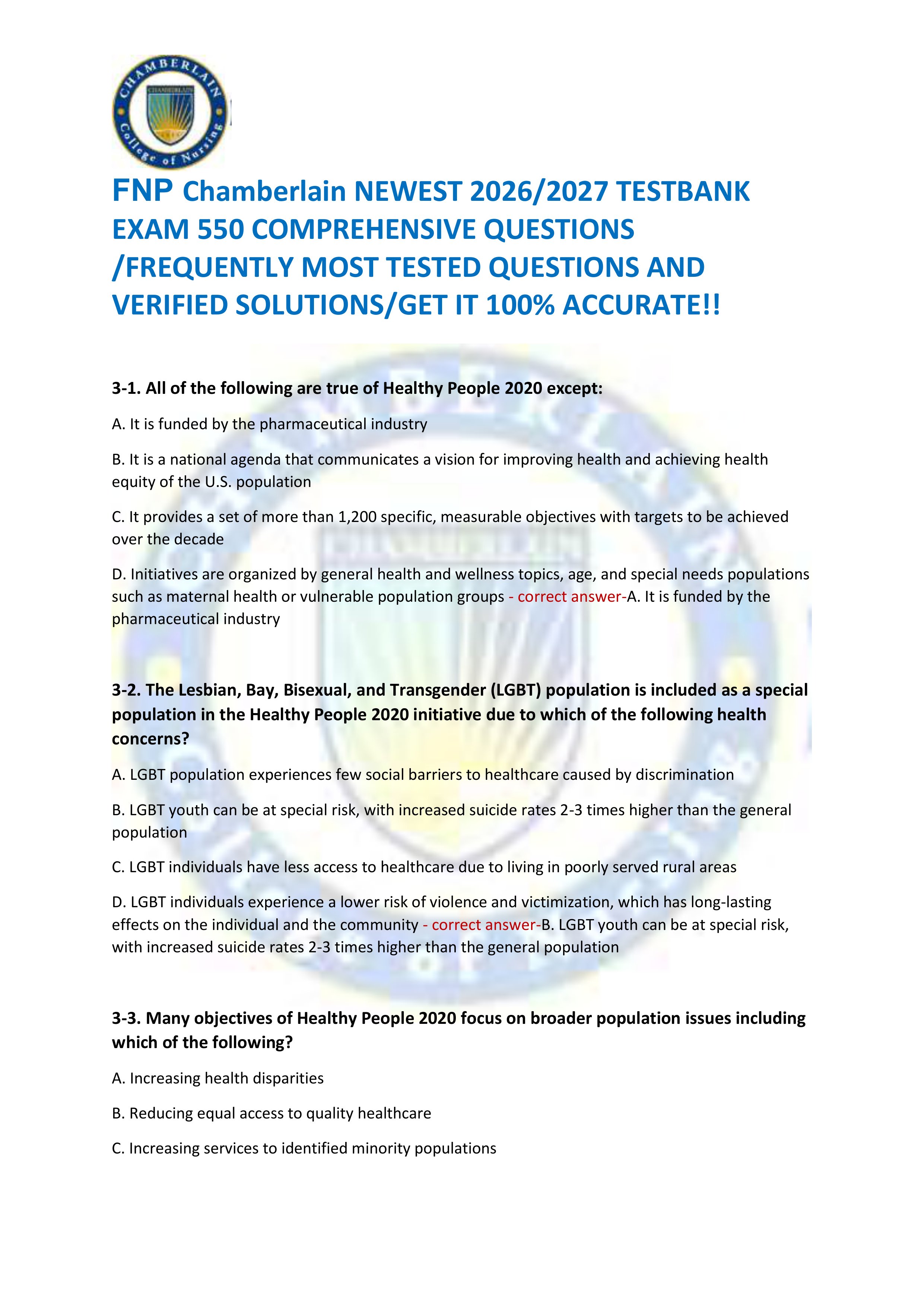 Preview of FNP Chamberlain NEWEST 2026/2027 TESTBANK  EXAM 550 COMPREHENSIVE QUESTIONS  /FREQUENTLY MOST TESTED QUESTIONS AND  VERI