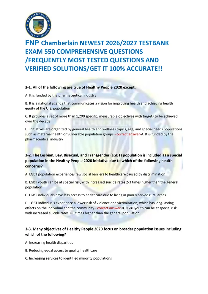 Preview of FNP Chamberlain NEWEST 2026/2027 TESTBANK  EXAM 550 COMPREHENSIVE QUESTIONS  /FREQUENTLY MOST TESTED QUESTIONS AND  VERI