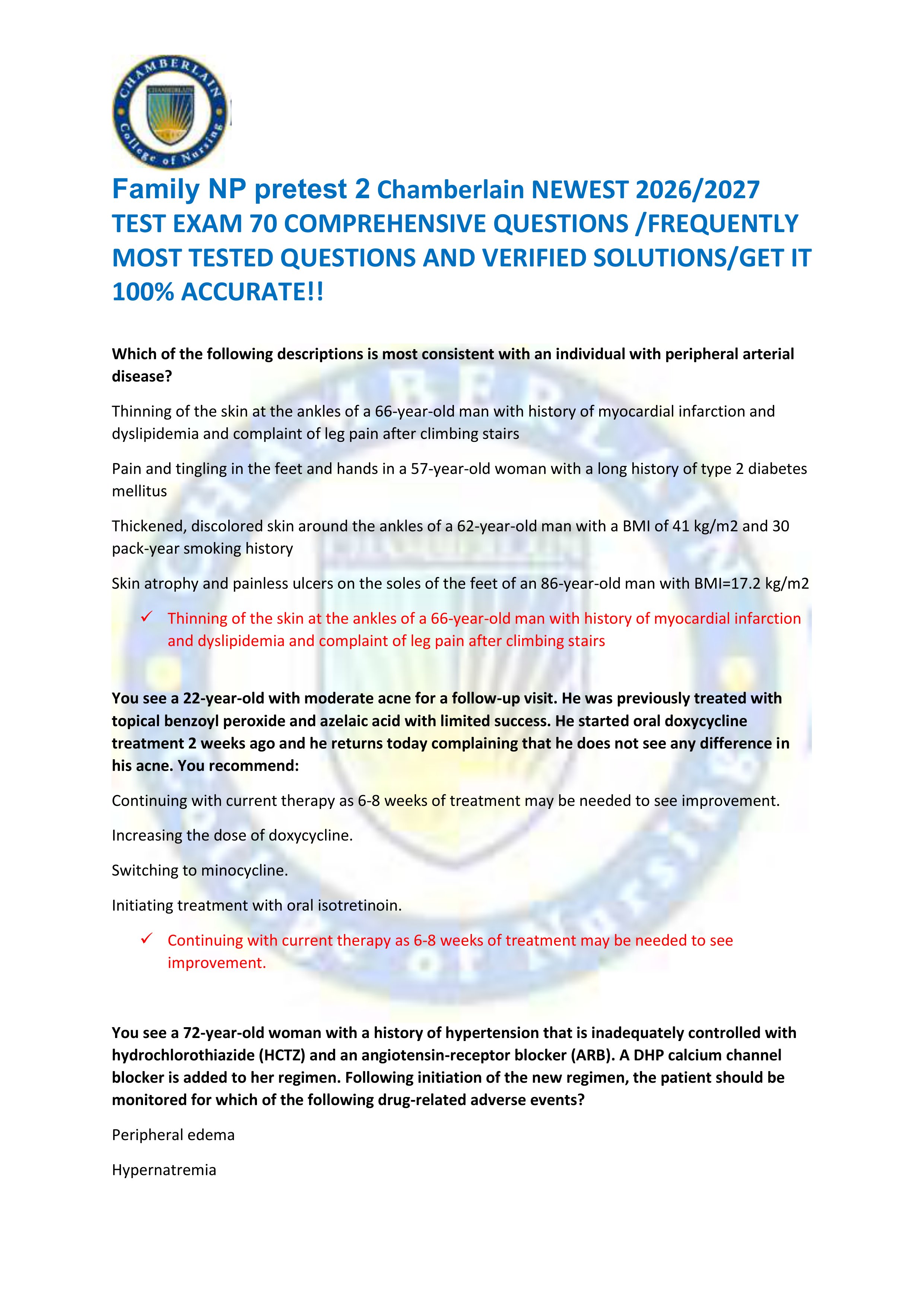Preview of Family NP pretest 2 Chamberlain NEWEST 2026/2027  TEST EXAM 70 COMPREHENSIVE QUESTIONS /FREQUENTLY  MOST TESTED QUESTION