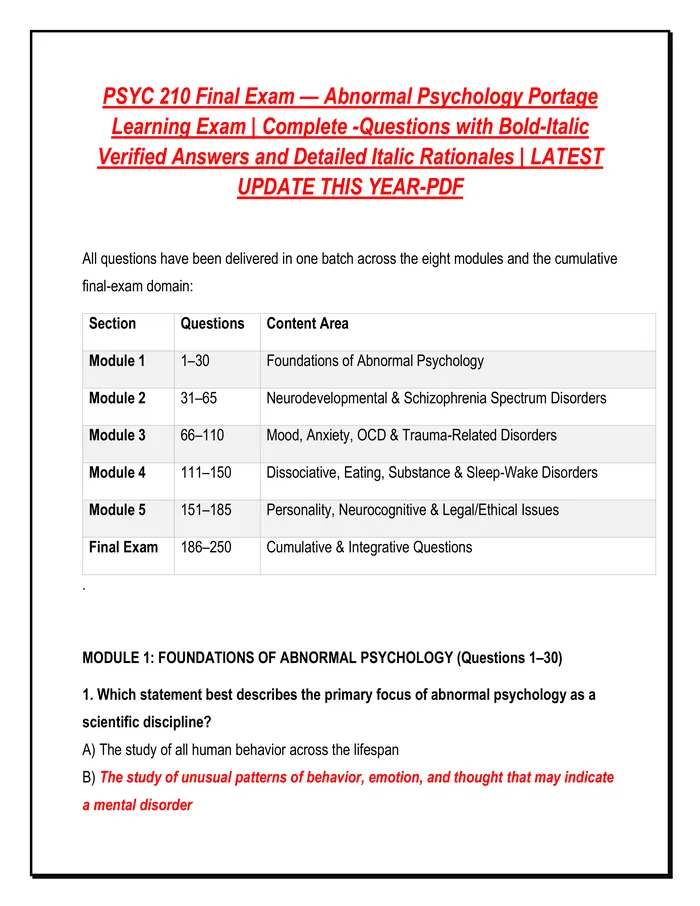 Preview of PSYC 210 Final Exam — Abnormal Psychology Portage  Learning Exam | Complete -Questions with Bold-Italic  Verified Answer