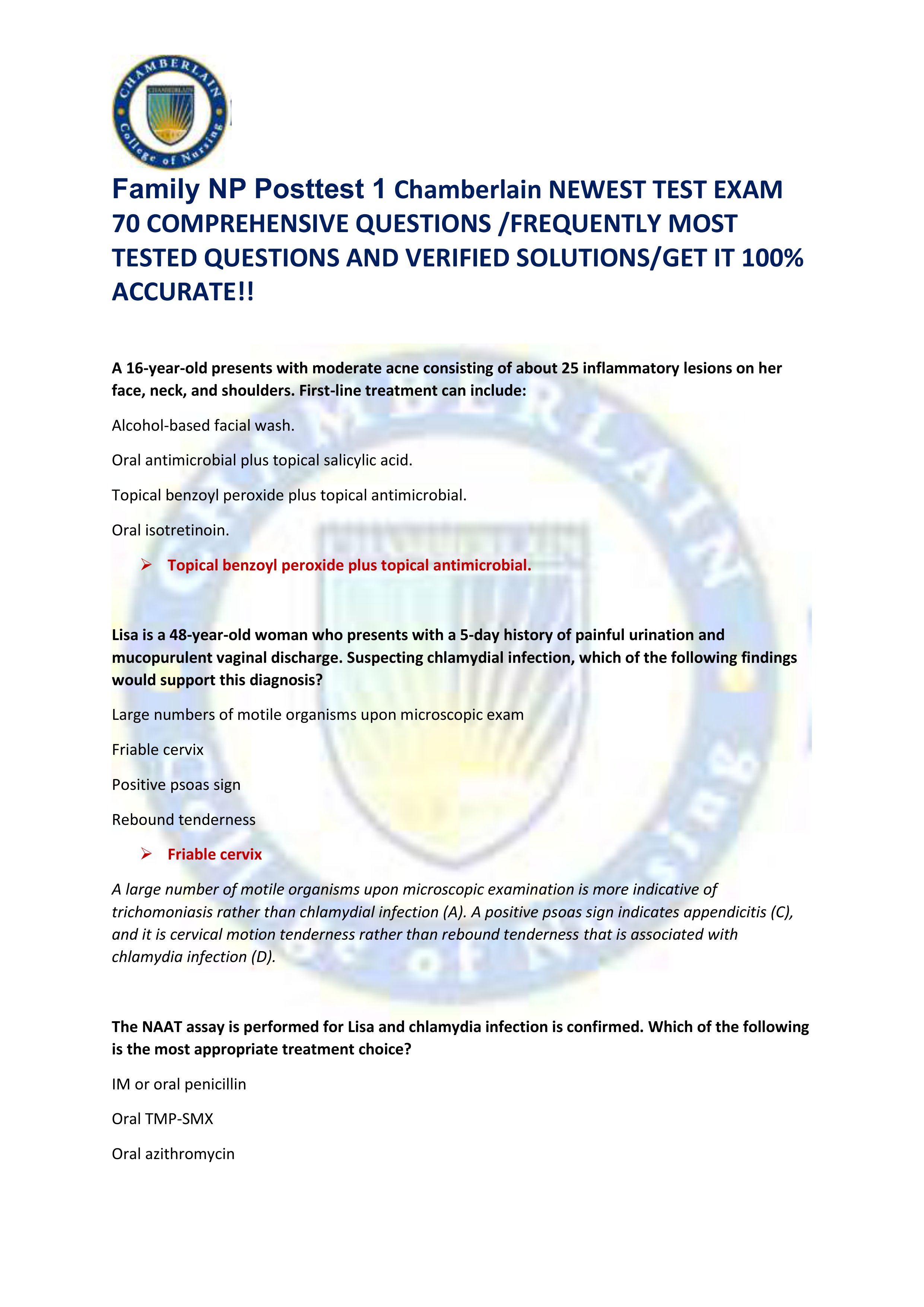 Preview of Family NP Posttest 1 Chamberlain NEWEST TEST EXAM  70 COMPREHENSIVE QUESTIONS /FREQUENTLY MOST  TESTED QUESTIONS AND VER