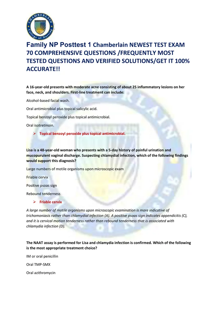 Preview of Family NP Posttest 1 Chamberlain NEWEST TEST EXAM  70 COMPREHENSIVE QUESTIONS /FREQUENTLY MOST  TESTED QUESTIONS AND VER