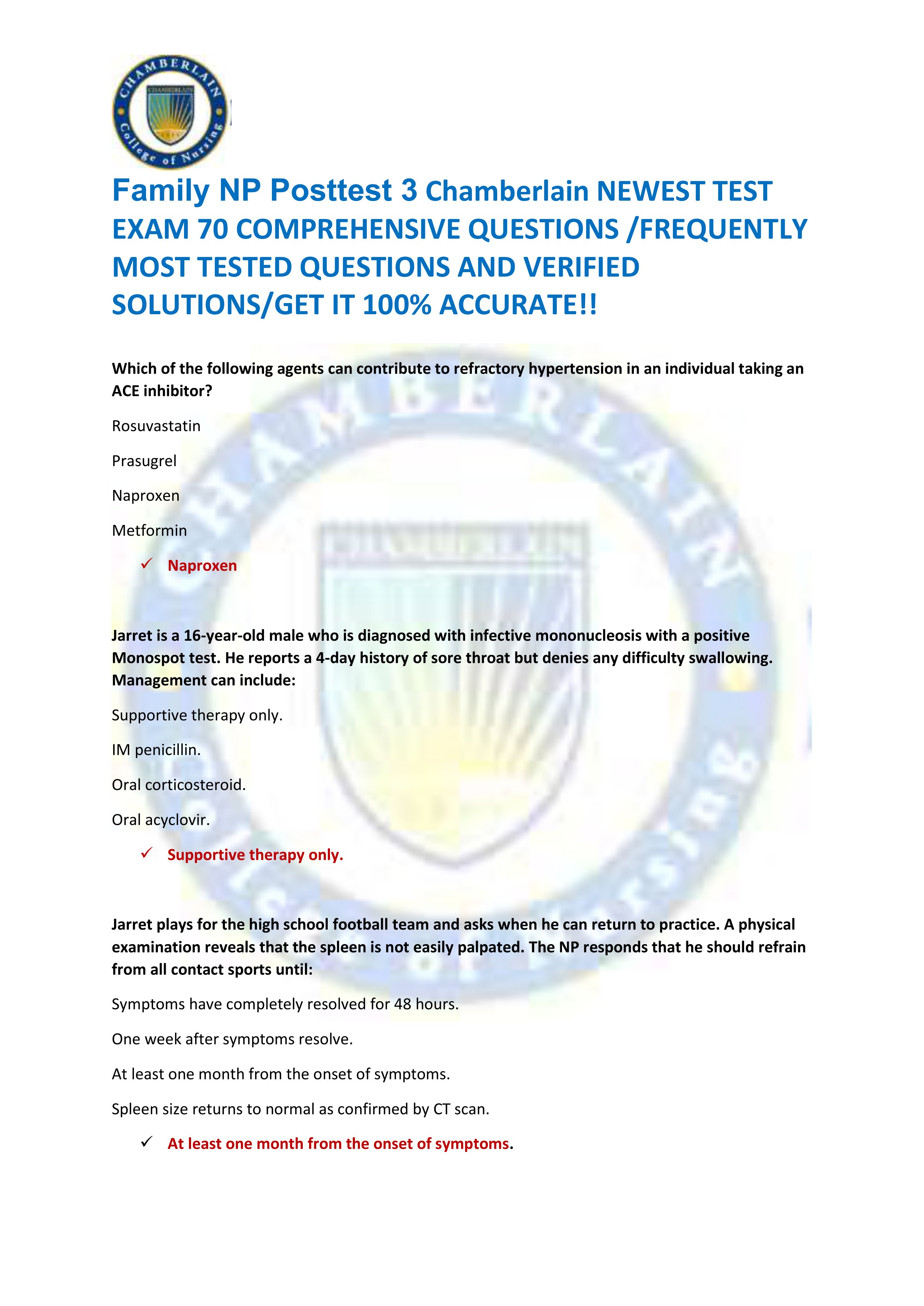 Preview of Family NP Posttest 3 Chamberlain NEWEST TEST  EXAM 70 COMPREHENSIVE QUESTIONS /FREQUENTLY  MOST TESTED QUESTIONS AND VER