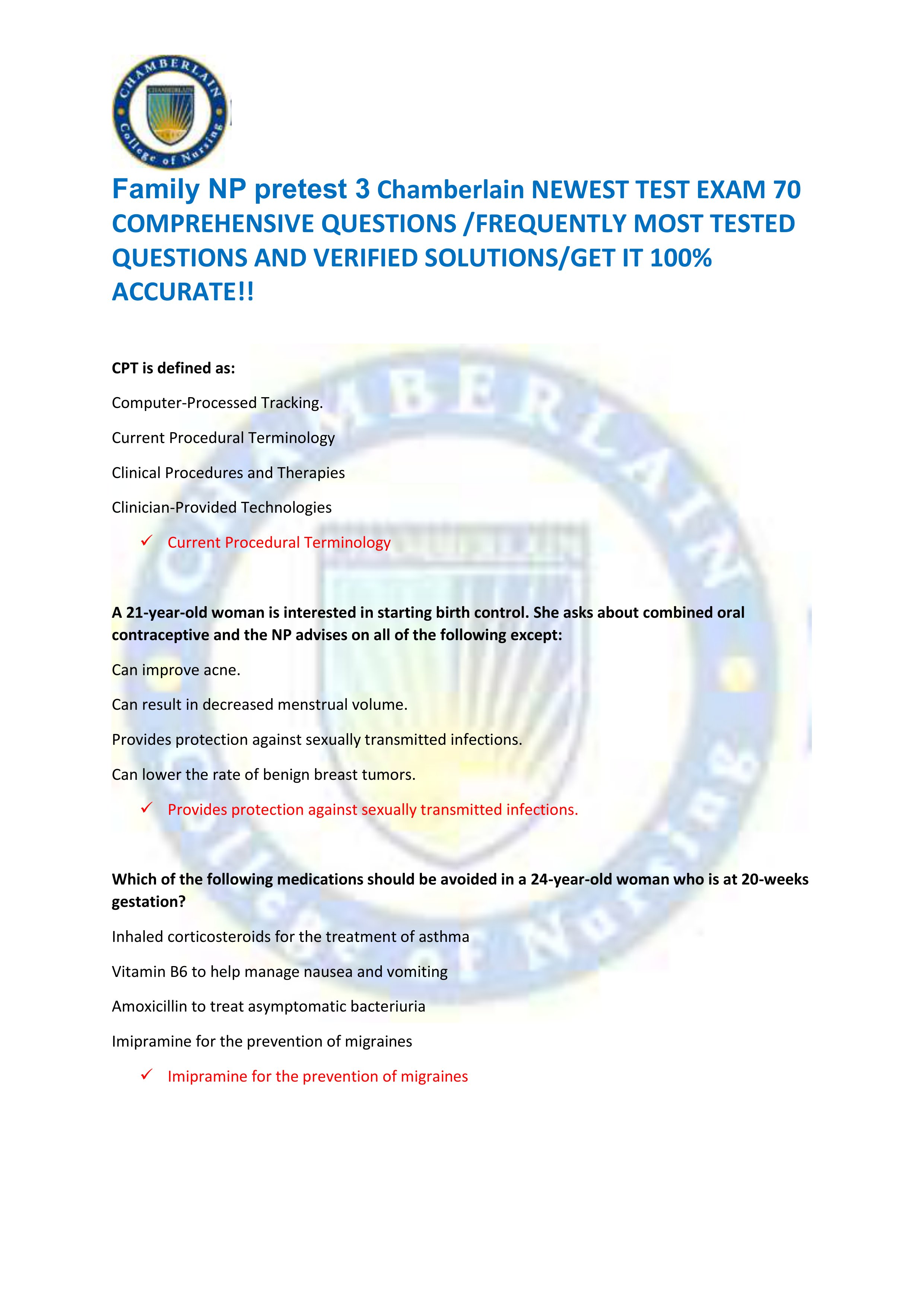 Preview of Family NP pretest 3 Chamberlain NEWEST TEST EXAM 70  COMPREHENSIVE QUESTIONS /FREQUENTLY MOST TESTED  QUESTIONS AND VERI