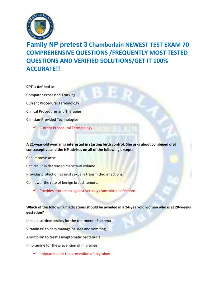 Preview of Family NP pretest 3 Chamberlain NEWEST TEST EXAM 70  COMPREHENSIVE QUESTIONS /FREQUENTLY MOST TESTED  QUESTIONS AND VERI