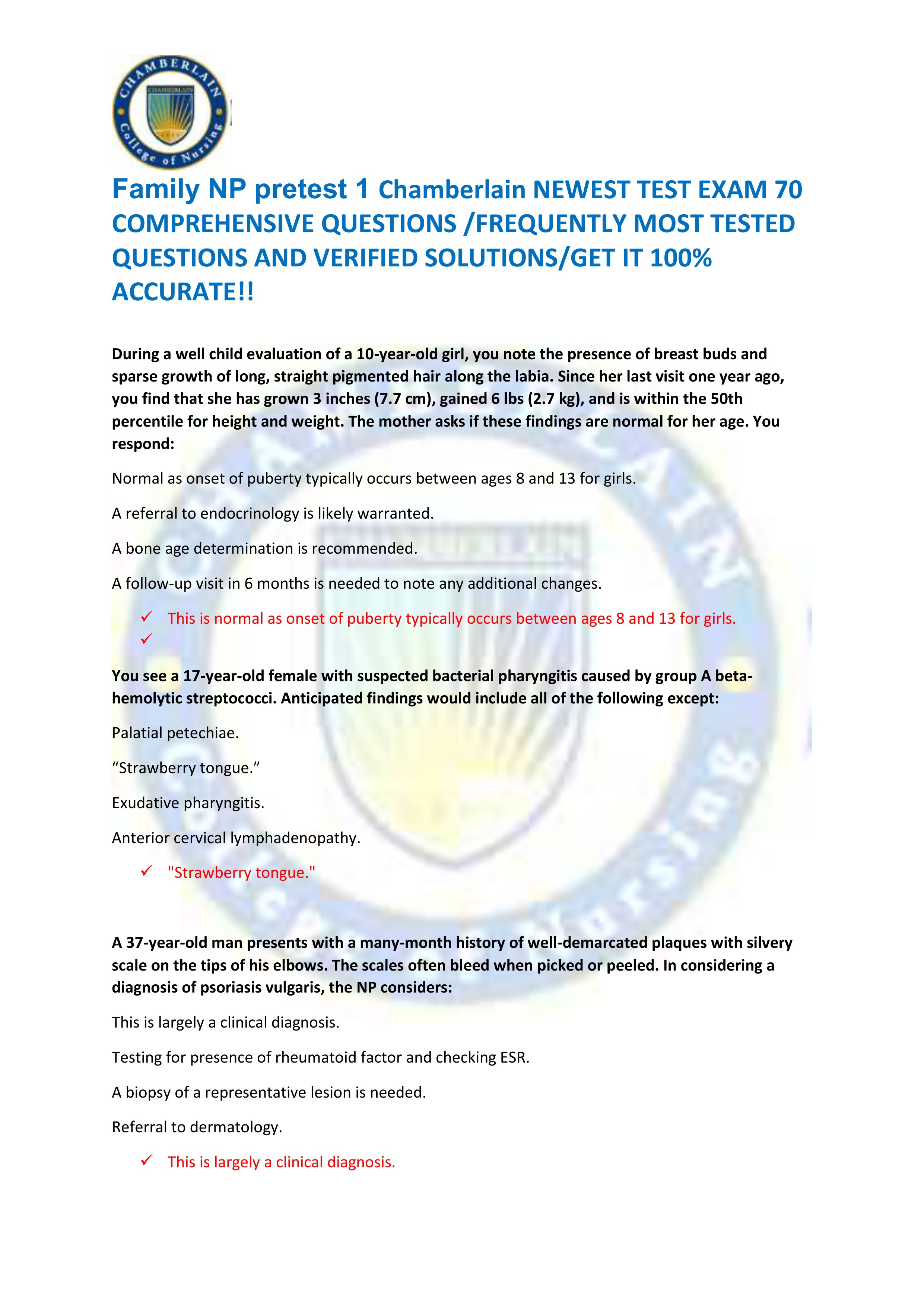 Preview of Family NP pretest 1 Chamberlain NEWEST TEST EXAM 70  COMPREHENSIVE QUESTIONS /FREQUENTLY MOST TESTED  QUESTIONS AND VERI
