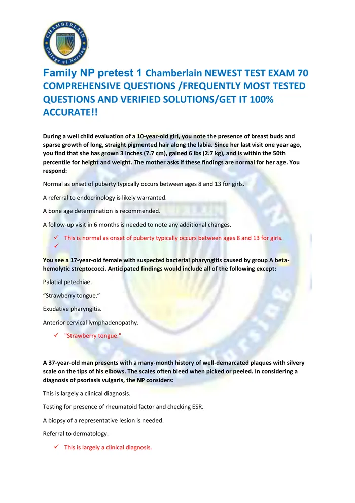 Preview of Family NP pretest 1 Chamberlain NEWEST TEST EXAM 70  COMPREHENSIVE QUESTIONS /FREQUENTLY MOST TESTED  QUESTIONS AND VERI