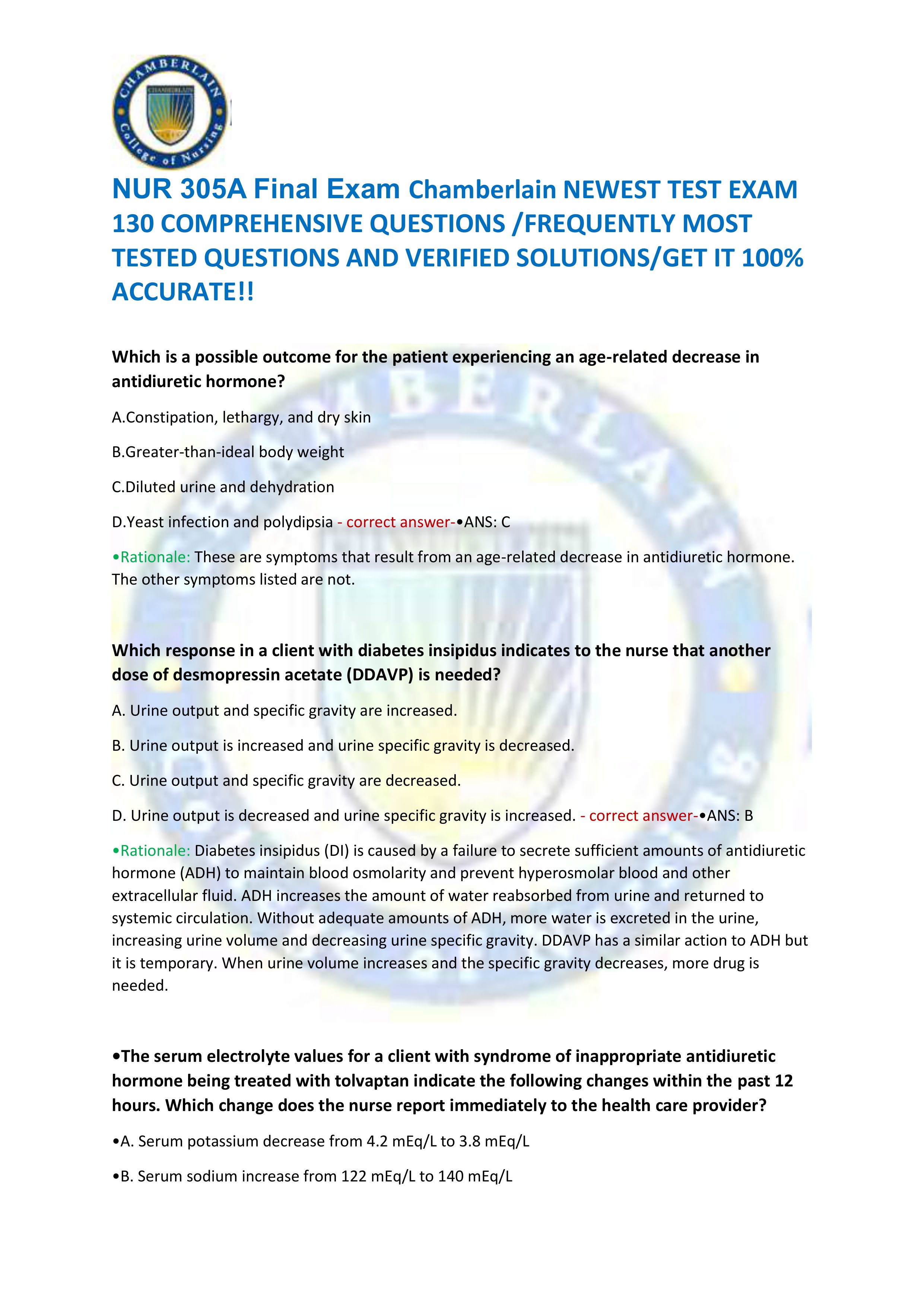 Preview of NUR 305A Final Exam Chamberlain NEWEST TEST EXAM  130 COMPREHENSIVE QUESTIONS /FREQUENTLY MOST  TESTED QUESTIONS AND VER