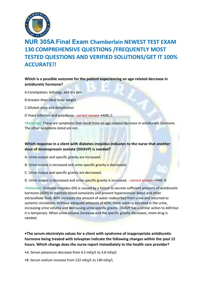 Preview of NUR 305A Final Exam Chamberlain NEWEST TEST EXAM  130 COMPREHENSIVE QUESTIONS /FREQUENTLY MOST  TESTED QUESTIONS AND VER