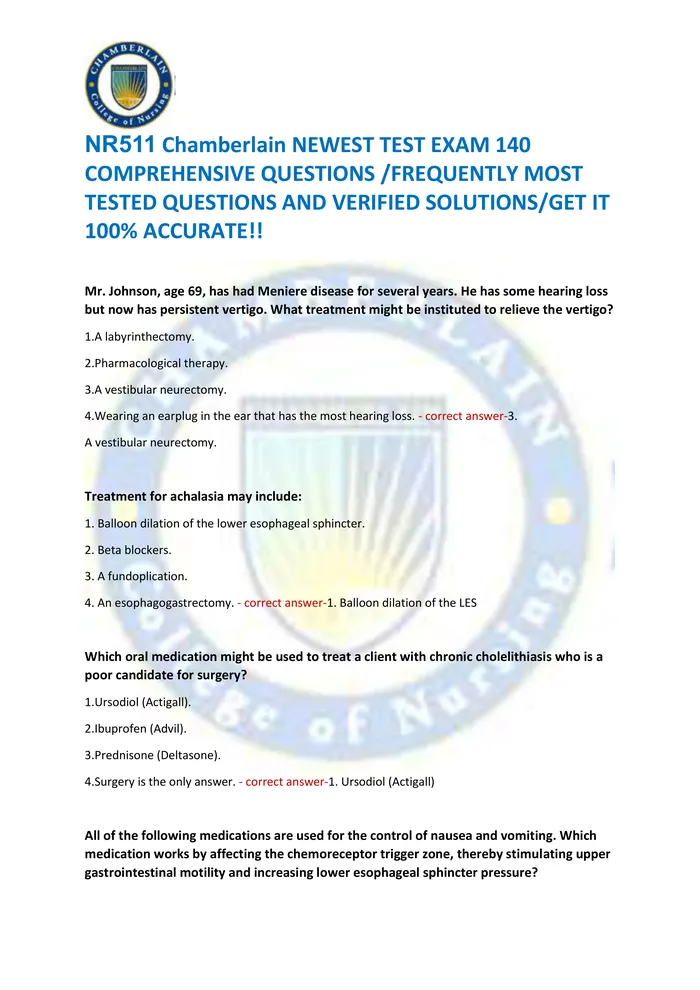 Preview of NR511 Chamberlain NEWEST TEST EXAM 140  COMPREHENSIVE QUESTIONS /FREQUENTLY MOST  TESTED QUESTIONS AND VERIFIED SOLUTION
