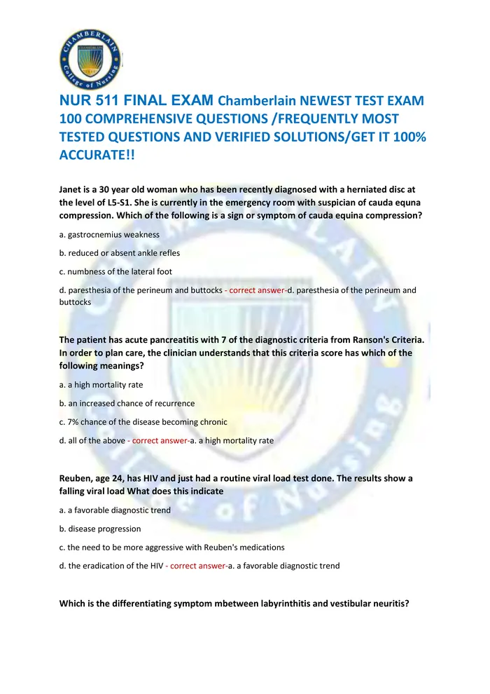 Preview of NUR 511 FINAL EXAM Chamberlain NEWEST TEST EXAM  100 COMPREHENSIVE QUESTIONS /FREQUENTLY MOST  TESTED QUESTIONS AND VERI