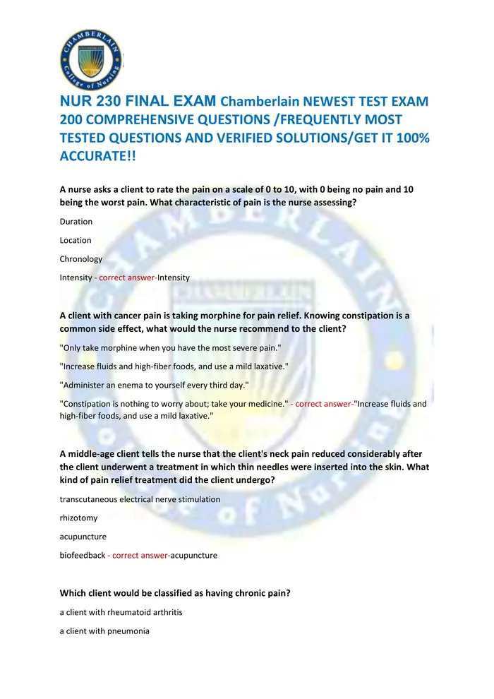 Preview of NUR 230 FINAL EXAM Chamberlain NEWEST TEST EXAM  200 COMPREHENSIVE QUESTIONS /FREQUENTLY MOST  TESTED QUESTIONS AND VERI