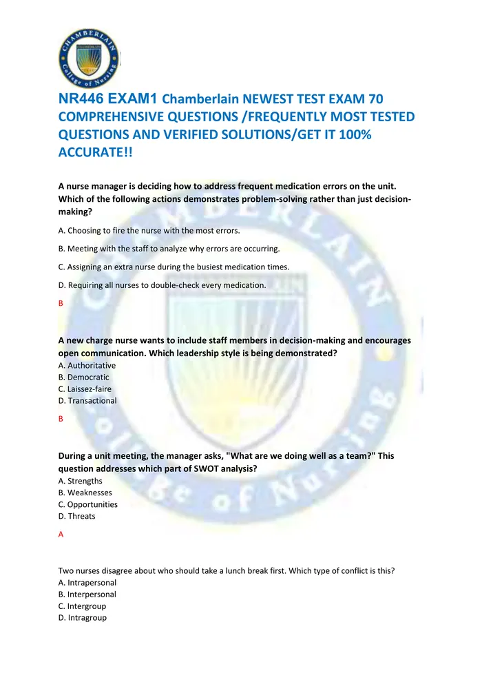 Preview of NR446 EXAM1 Chamberlain NEWEST TEST EXAM 70  COMPREHENSIVE QUESTIONS /FREQUENTLY MOST TESTED  QUESTIONS AND VERIFIED SOL