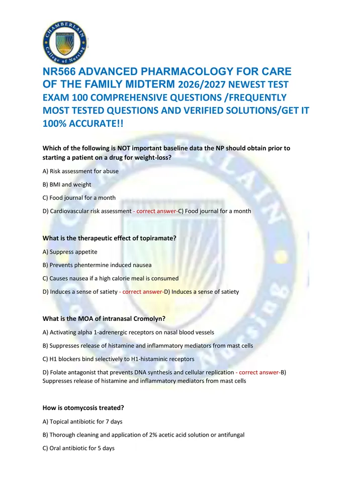 Preview of NR566 ADVANCED PHARMACOLOGY FOR CARE  OF THE FAMILY MIDTERM 2026/2027 NEWEST TEST  EXAM 100 COMPREHENSIVE QUESTIONS /FRE