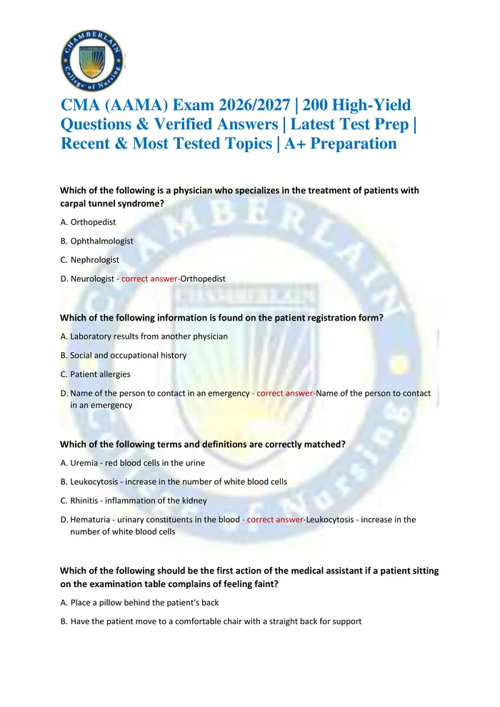 Preview of CMA (AAMA) Exam 2026/2027 | 200 High-Yield Questions & Verified Answers | Latest Test Prep | Recent & Most Tested Topics