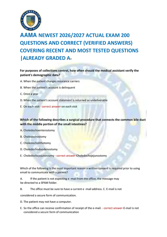 Preview of AAMA NEWEST 2026/2027 ACTUAL EXAM 200  QUESTIONS AND CORRECT (VERIFIED ANSWERS)  COVERING RECENT AND MOST TESTED QUESTIO