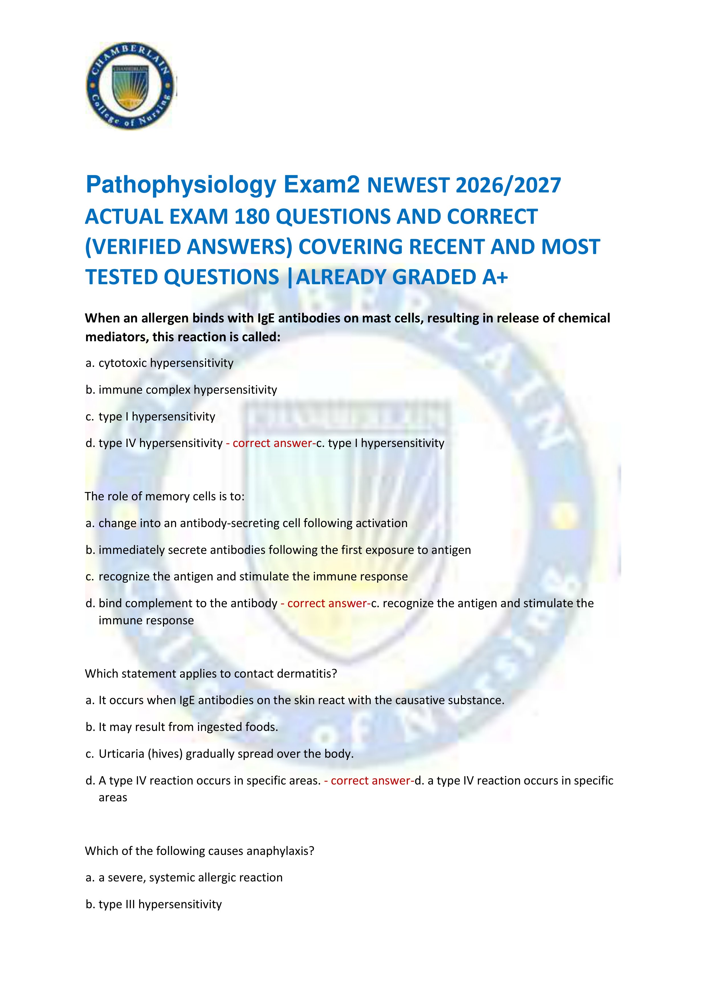 Preview of Pathophysiology Exam2 NEWEST 2026/2027  ACTUAL EXAM 180 QUESTIONS AND CORRECT  (VERIFIED ANSWERS) COVERING RECENT AND MO