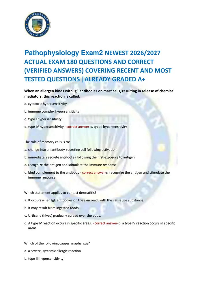 Preview of Pathophysiology Exam2 NEWEST 2026/2027  ACTUAL EXAM 180 QUESTIONS AND CORRECT  (VERIFIED ANSWERS) COVERING RECENT AND MO