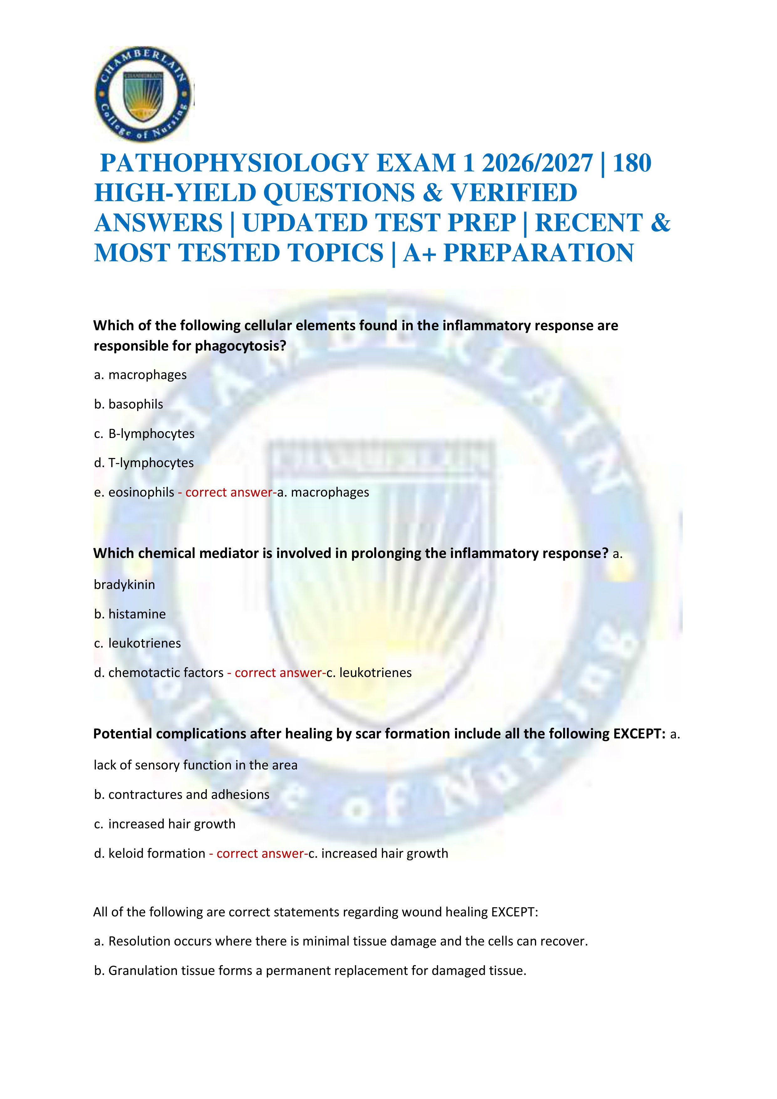 Preview of PATHOPHYSIOLOGY EXAM 1 2026/2027 | 180 HIGH-YIELD QUESTIONS & VERIFIED ANSWERS | UPDATED TEST PREP | RECENT & MOST TEST