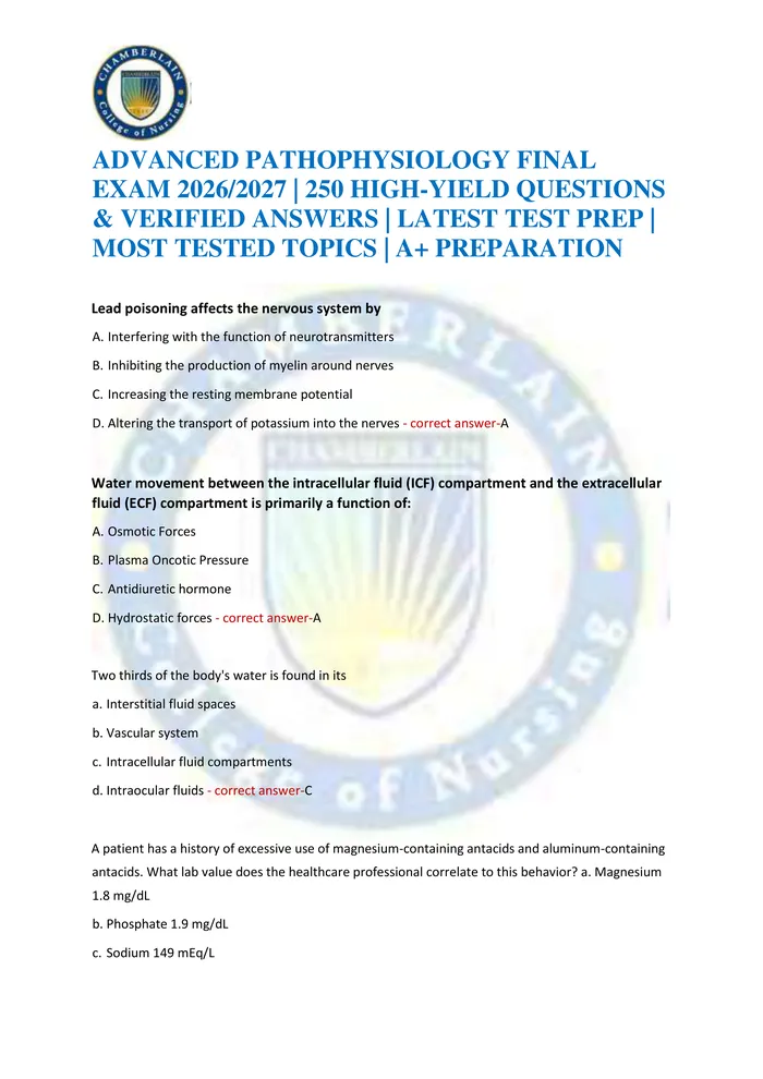 Preview of ADVANCED PATHOPHYSIOLOGY FINAL EXAM 2026/2027 | 250 HIGH-YIELD QUESTIONS & VERIFIED ANSWERS | LATEST TEST PREP | MOST TE
