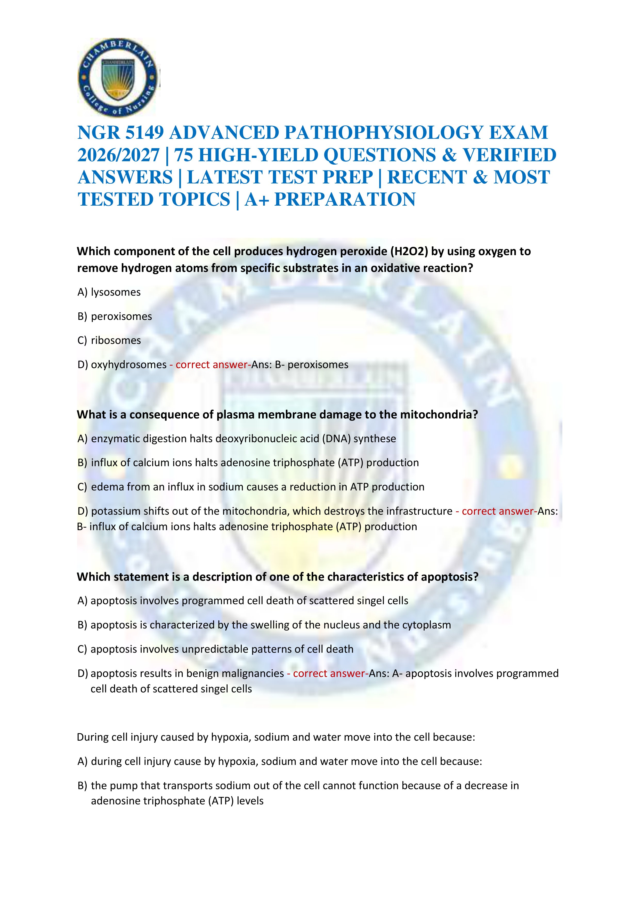 Preview of NGR 5149 ADVANCED PATHOPHYSIOLOGY EXAM 2026/2027 | 75 HIGH-YIELD QUESTIONS & VERIFIED ANSWERS | LATEST TEST PREP | RECEN
