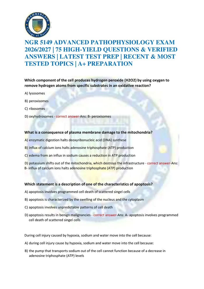 Preview of NGR 5149 ADVANCED PATHOPHYSIOLOGY EXAM 2026/2027 | 75 HIGH-YIELD QUESTIONS & VERIFIED ANSWERS | LATEST TEST PREP | RECEN