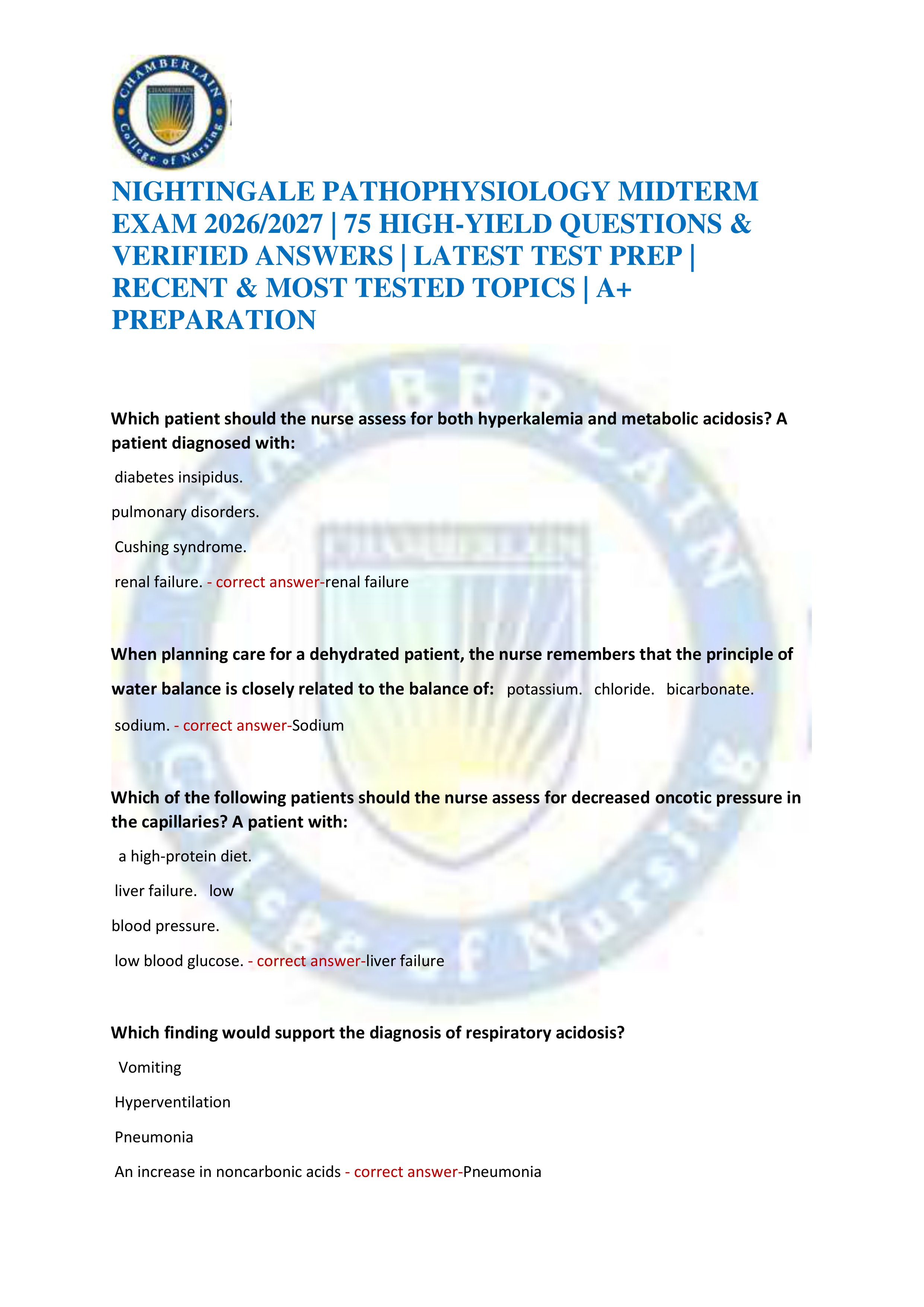 Preview of NIGHTINGALE PATHOPHYSIOLOGY MIDTERM EXAM 2026/2027 | 75 HIGH-YIELD QUESTIONS & VERIFIED ANSWERS | LATEST TEST PREP | REC
