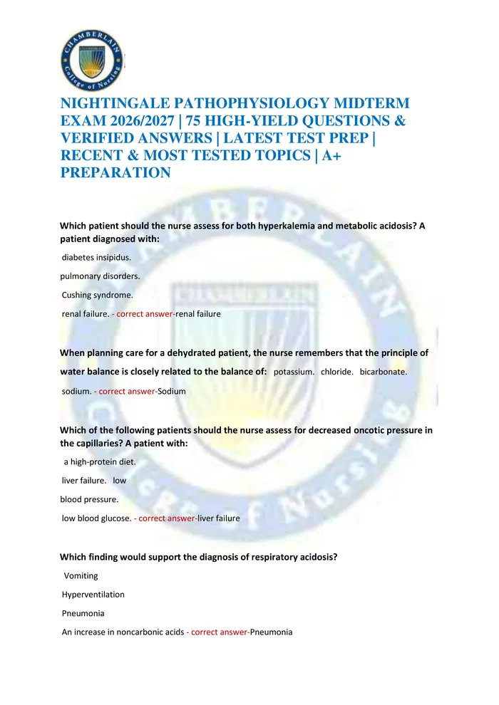 Preview of NIGHTINGALE PATHOPHYSIOLOGY MIDTERM EXAM 2026/2027 | 75 HIGH-YIELD QUESTIONS & VERIFIED ANSWERS | LATEST TEST PREP | REC
