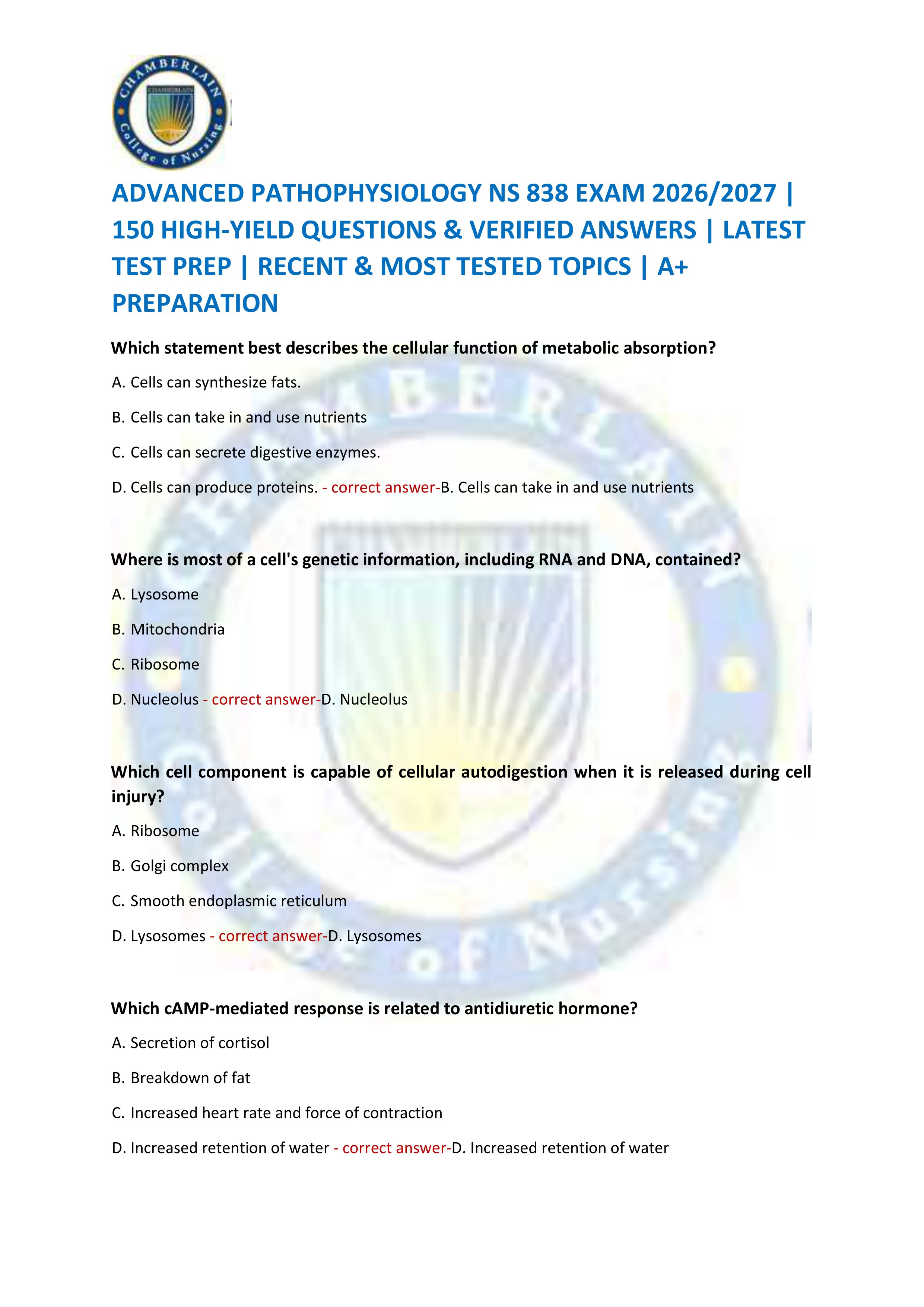 Preview of ADVANCED PATHOPHYSIOLOGY NS 838 EXAM 2026/2027 | 150 HIGH-YIELD QUESTIONS & VERIFIED ANSWERS | LATEST TEST PREP | RECENT